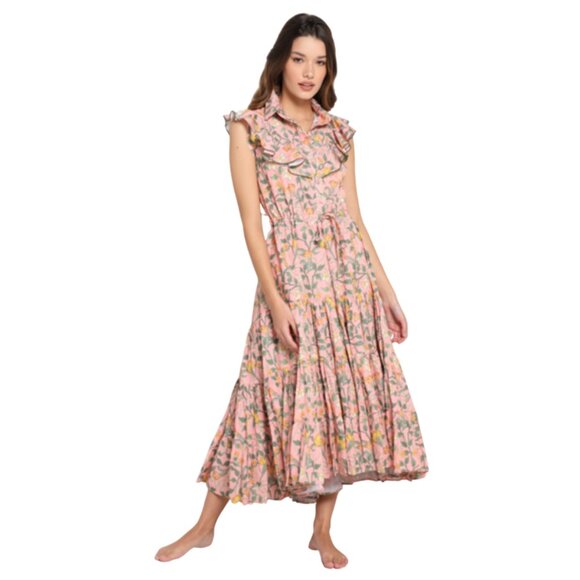 Kleid Madeline Midi Shirt Dress Womens XS Pink Green Yellow Floral Tiered Ruffle - Picture 1 of 12